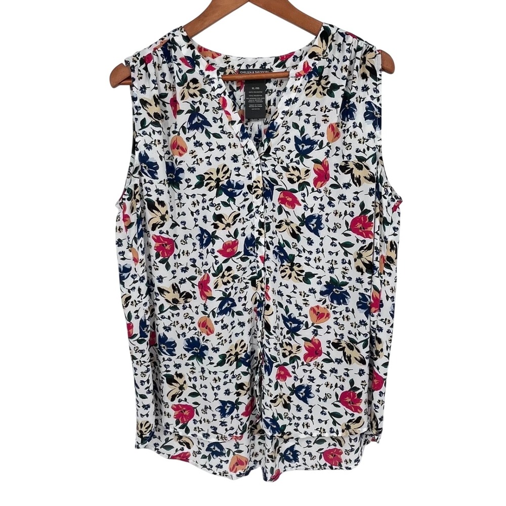 Chelsea & Theodore Floral Blouse Women XL White Multi Sleeveless Spring Office